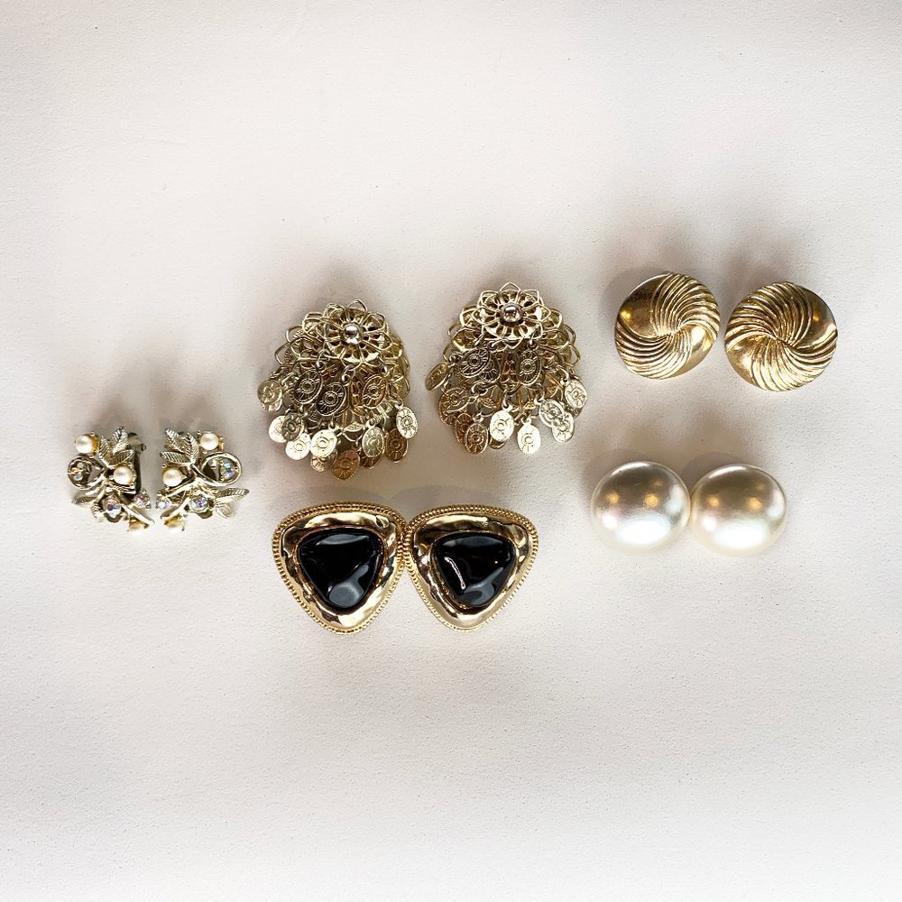 5 Vintage clip on earring lot gold tone statement